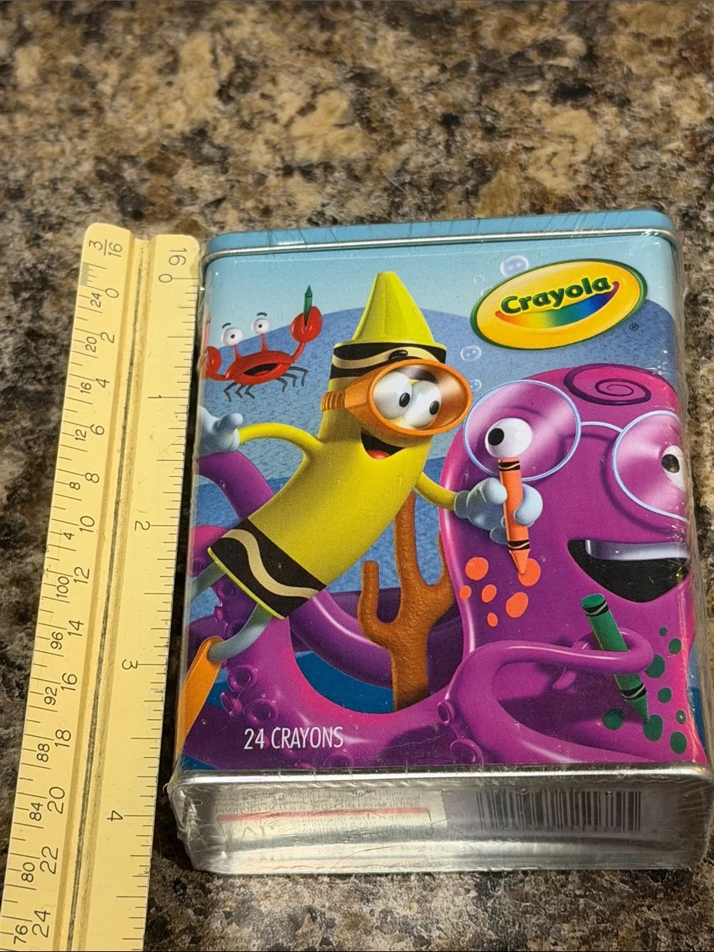 Crayola Tin with Yellow Crayon Character & Purple Octopus Artwork